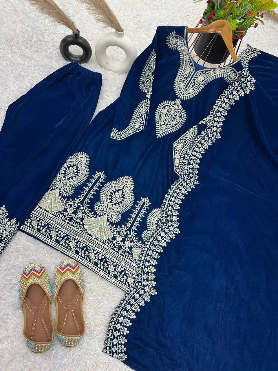 Velvet Embroidered Suit Set with Dupatta