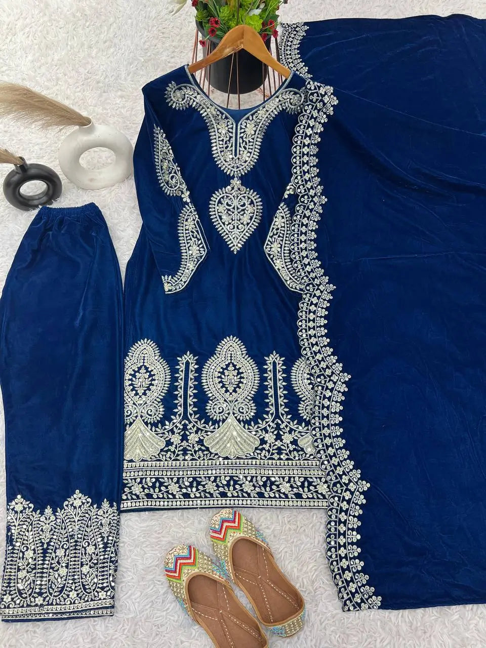 Velvet Embroidered Suit Set with Dupatta