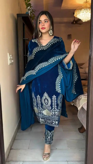 Velvet Embroidered Suit Set with Dupatta
