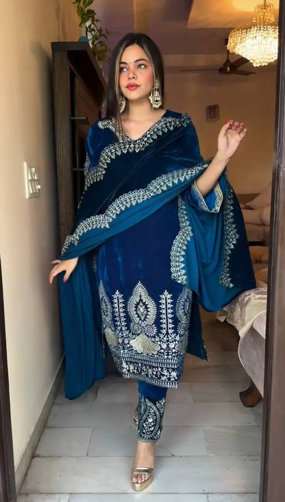 Velvet Embroidered Suit Set with Dupatta