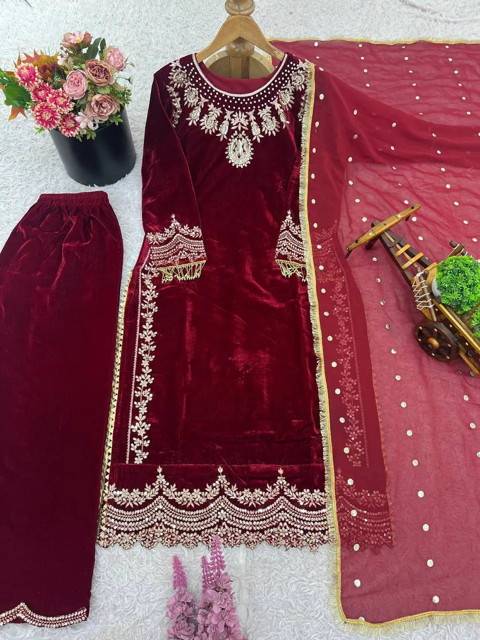 Velvet Embroidered Suit Set with Georgette Dupatta