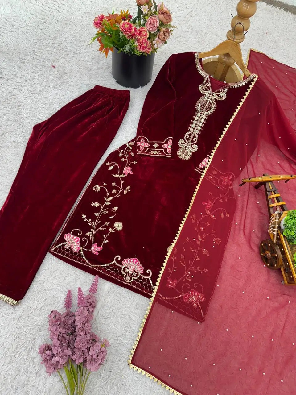 Velvet Embroidered Suit Set with Georgette Dupatta