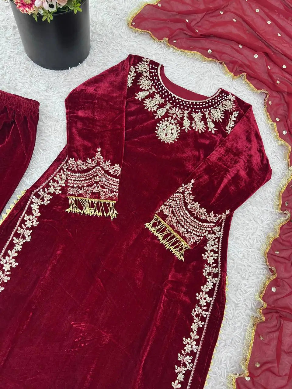Velvet Embroidered Suit Set with Georgette Dupatta