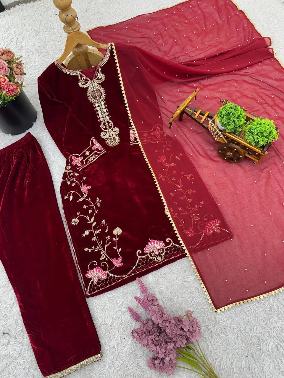 Velvet Embroidered Suit Set with Georgette Dupatta