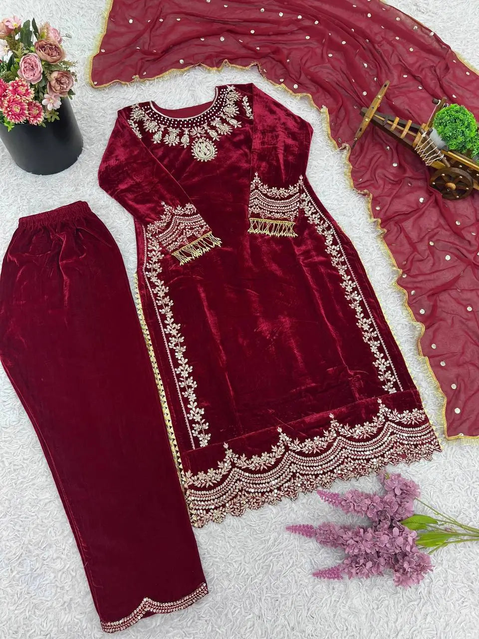 Velvet Embroidered Suit Set with Georgette Dupatta