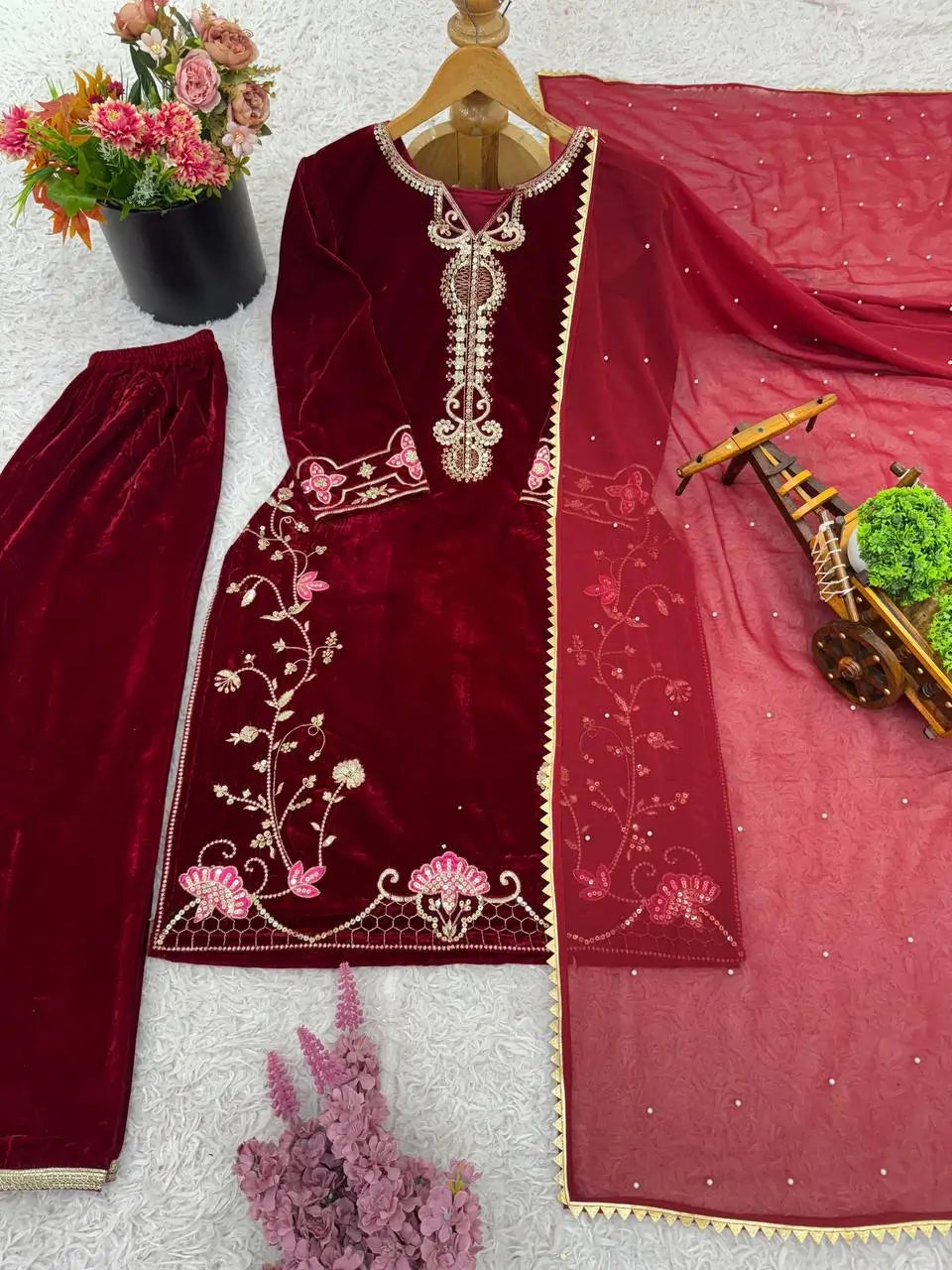 Velvet Embroidered Suit Set with Georgette Dupatta