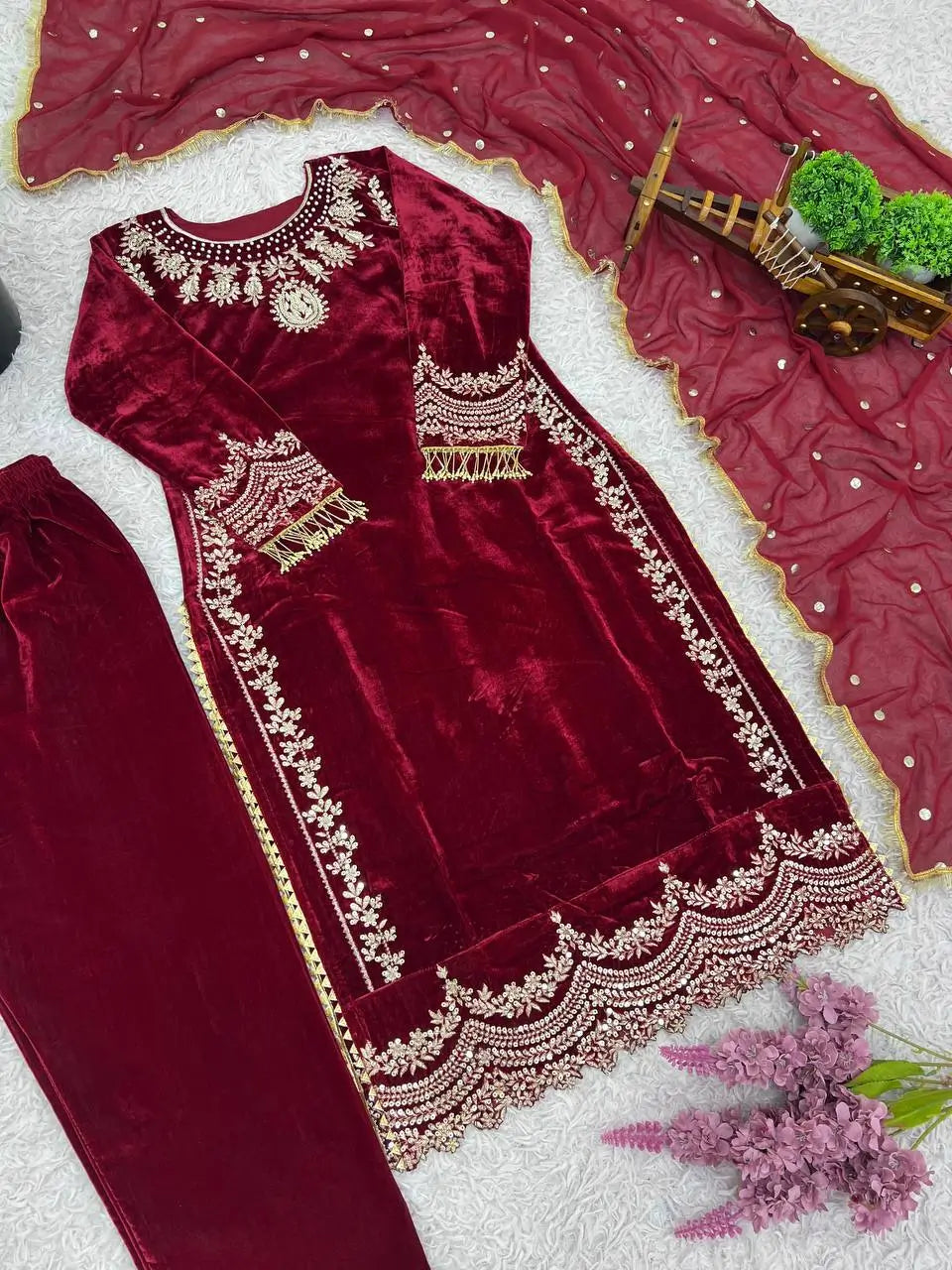 Velvet Embroidered Suit Set with Georgette Dupatta