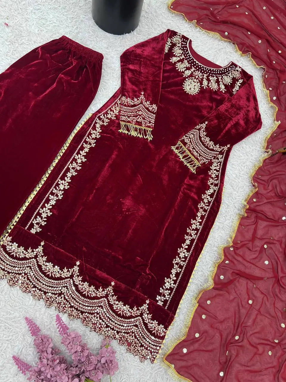 Velvet Embroidered Suit Set with Georgette Dupatta