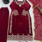Velvet Embroidered Suit Set with Georgette Dupatta
