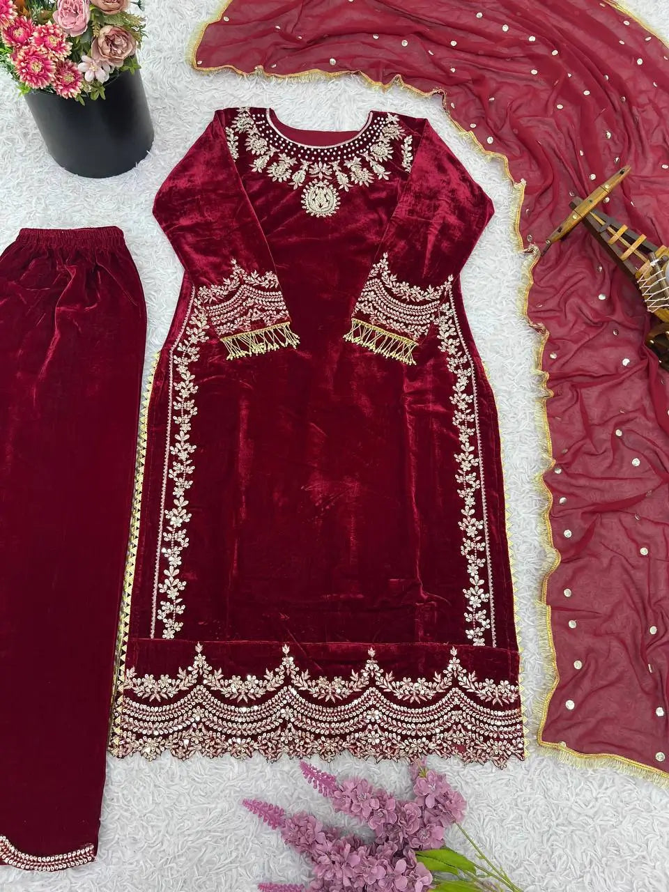 Velvet Embroidered Suit Set with Georgette Dupatta