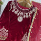 Velvet Embroidered Suit Set with Georgette Dupatta