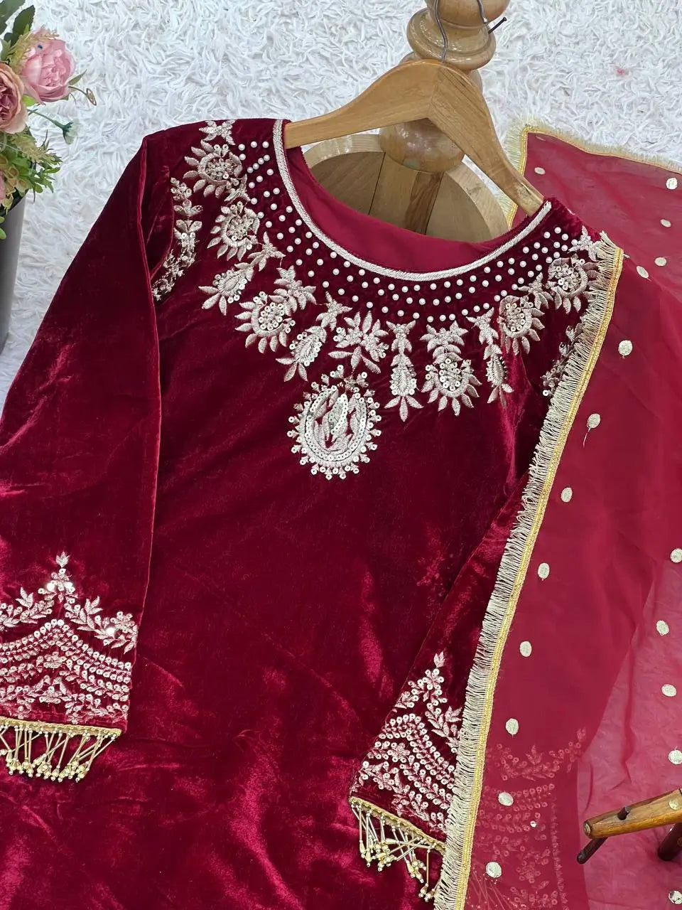Velvet Embroidered Suit Set with Georgette Dupatta
