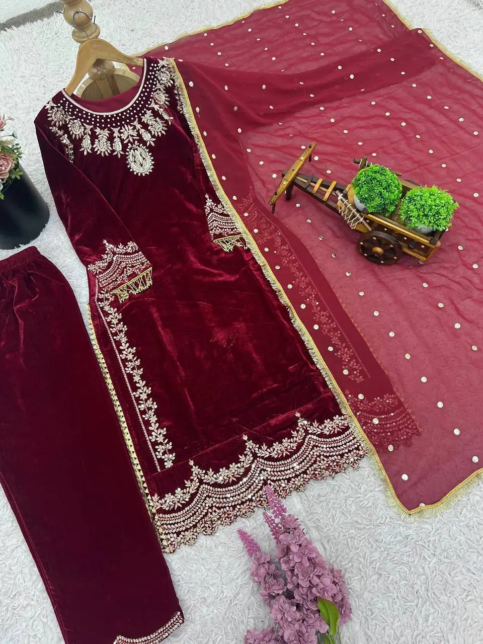 Velvet Embroidered Suit Set with Georgette Dupatta