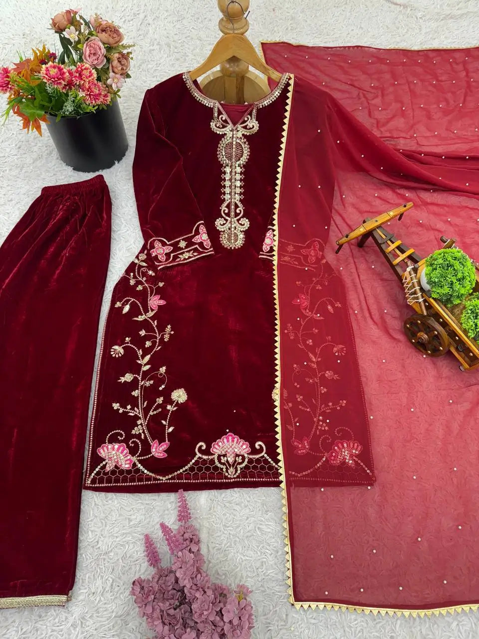 Velvet Embroidered Suit Set with Georgette Dupatta