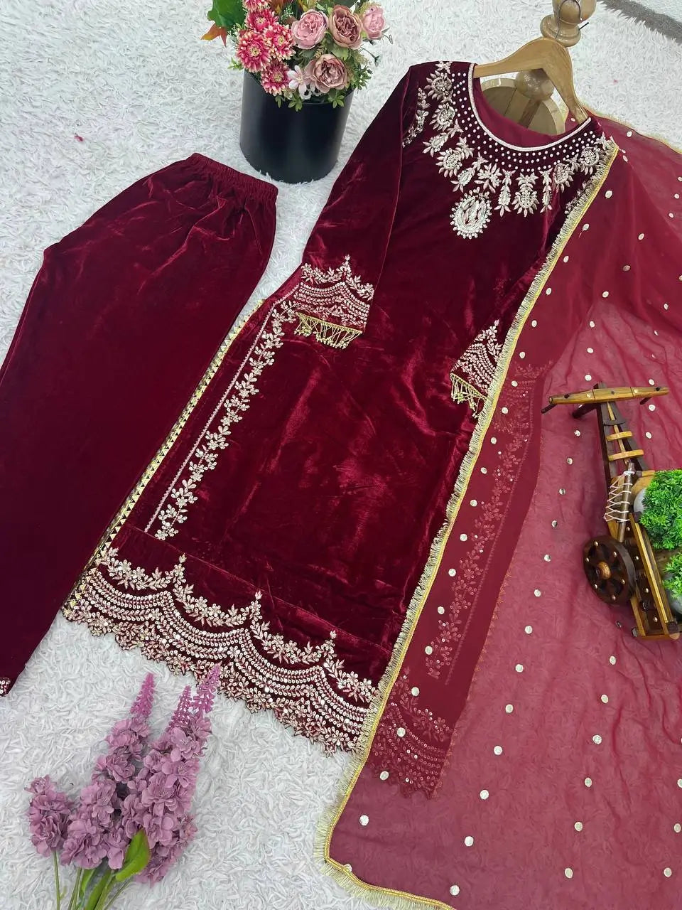 Velvet Embroidered Suit Set with Georgette Dupatta