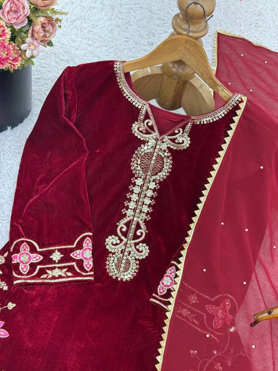 Velvet Embroidered Suit Set with Georgette Dupatta