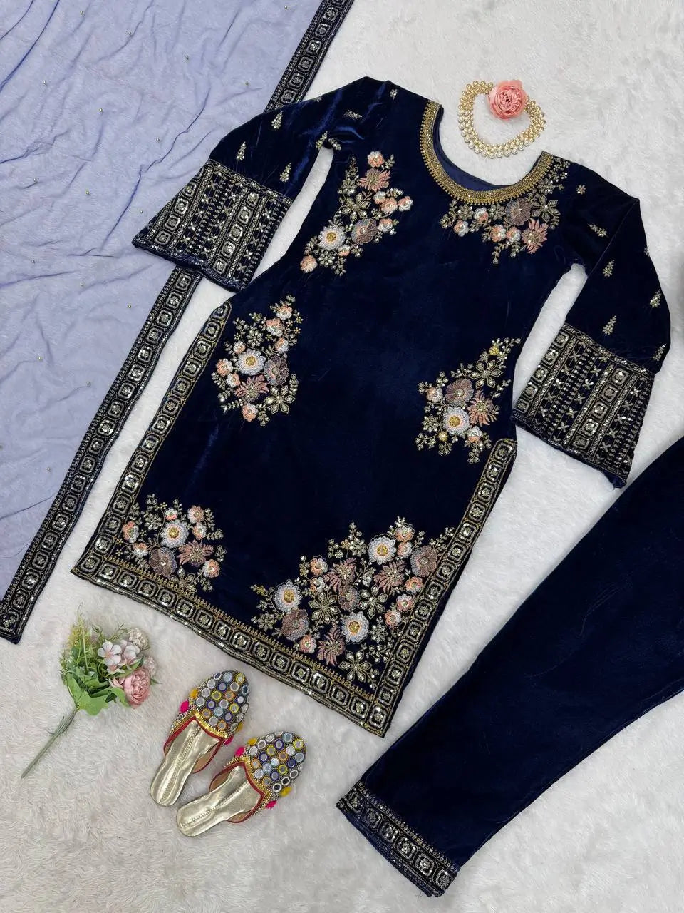 Velvet Embroidered Suit Set with Net Dupatta