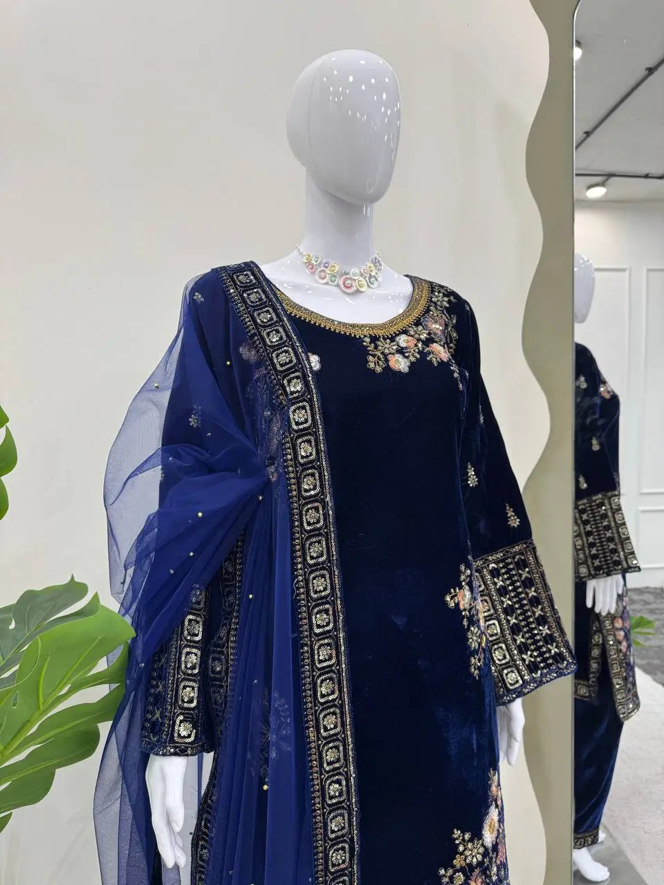 Velvet Embroidered Suit Set with Net Dupatta