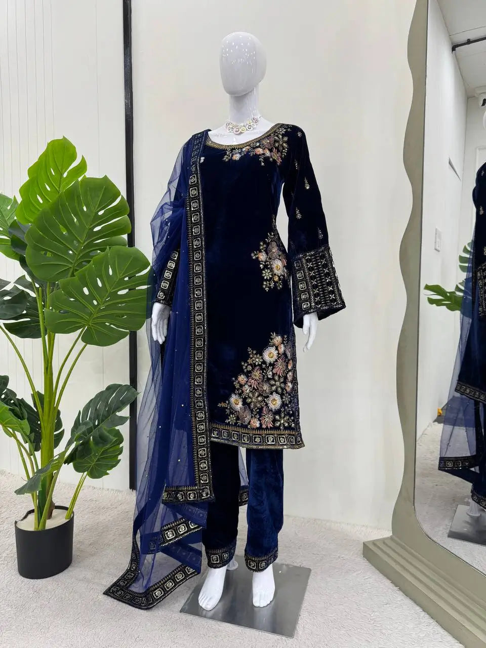 Velvet Embroidered Suit Set with Net Dupatta