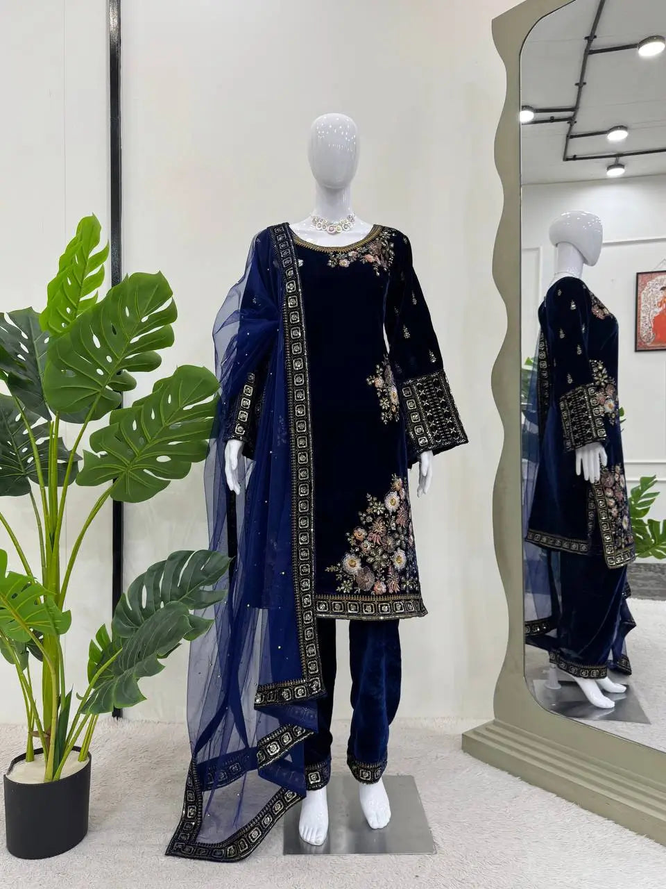 Velvet Embroidered Suit Set with Net Dupatta