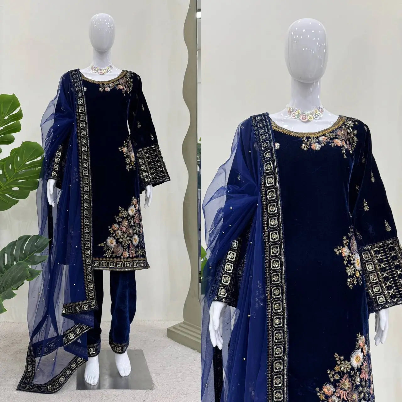 Velvet Embroidered Suit Set with Net Dupatta