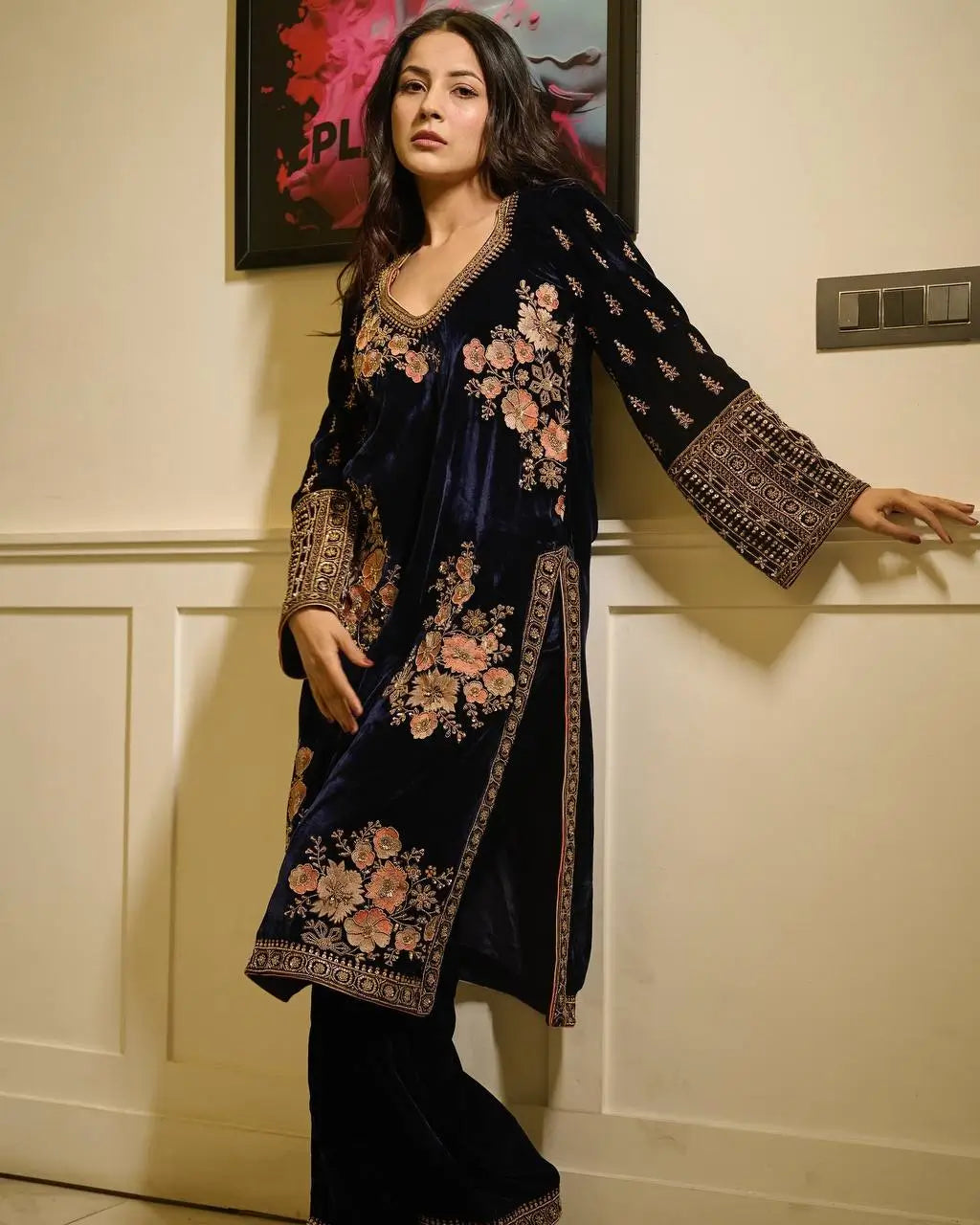 Velvet Embroidered Suit Set with Net Dupatta