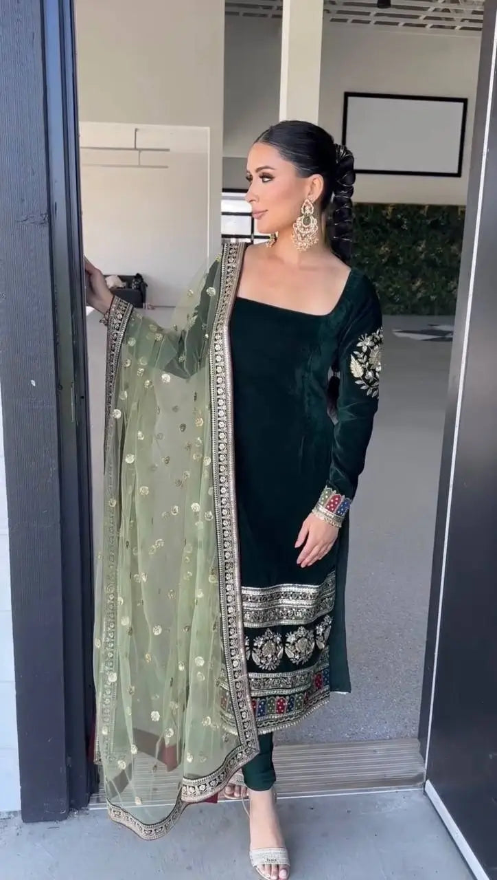 Velvet Embroidered Suit Set with Net Dupatta