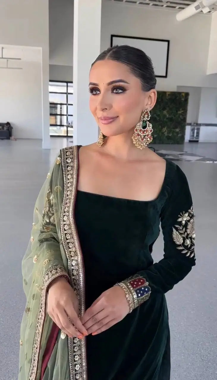 Velvet Embroidered Suit Set with Net Dupatta