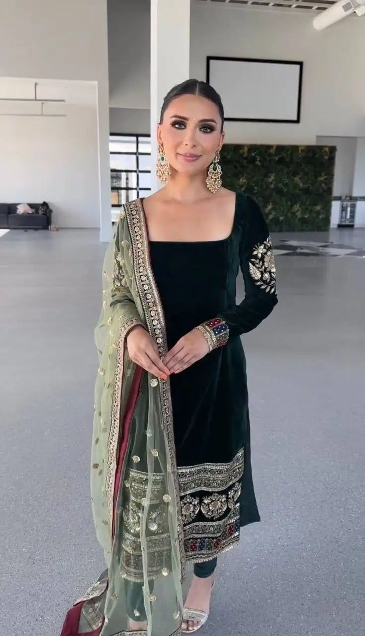Velvet Embroidered Suit Set with Net Dupatta