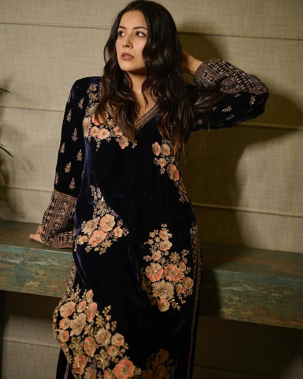 Velvet Embroidered Suit Set with Net Dupatta