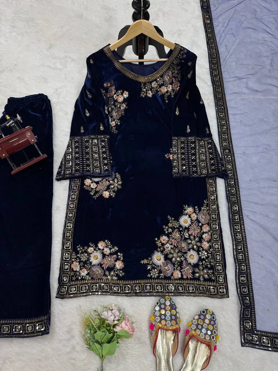 Velvet Embroidered Suit Set with Net Dupatta