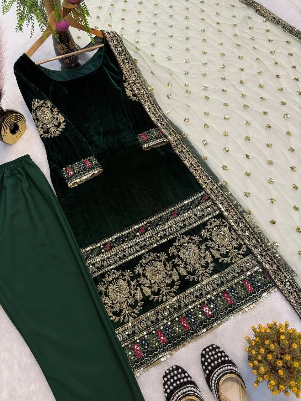 Velvet Embroidered Suit Set with Net Dupatta