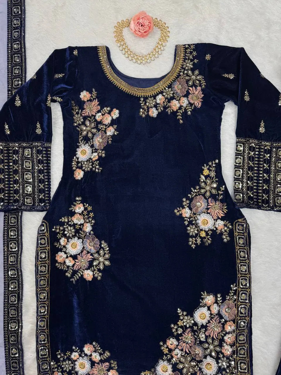 Velvet Embroidered Suit Set with Net Dupatta