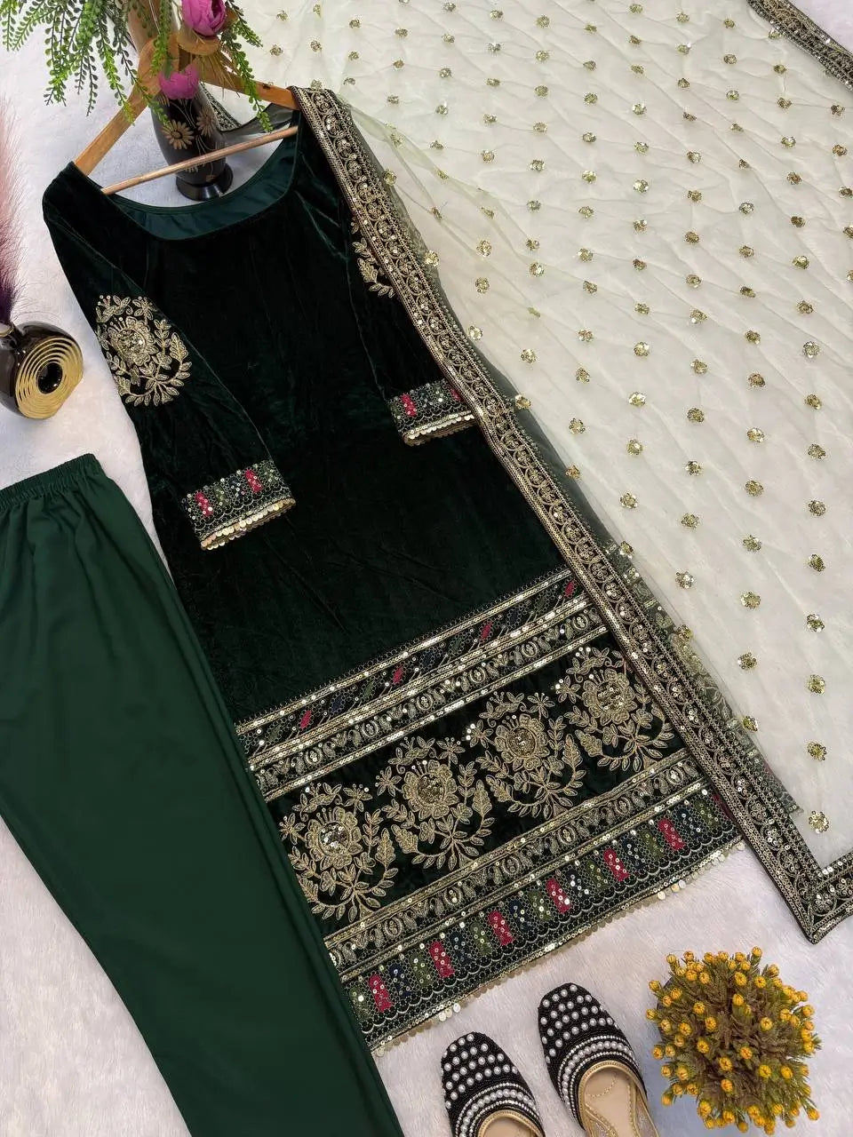 Velvet Embroidered Suit Set with Net Dupatta