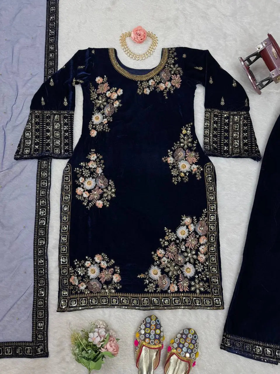 Velvet Embroidered Suit Set with Net Dupatta