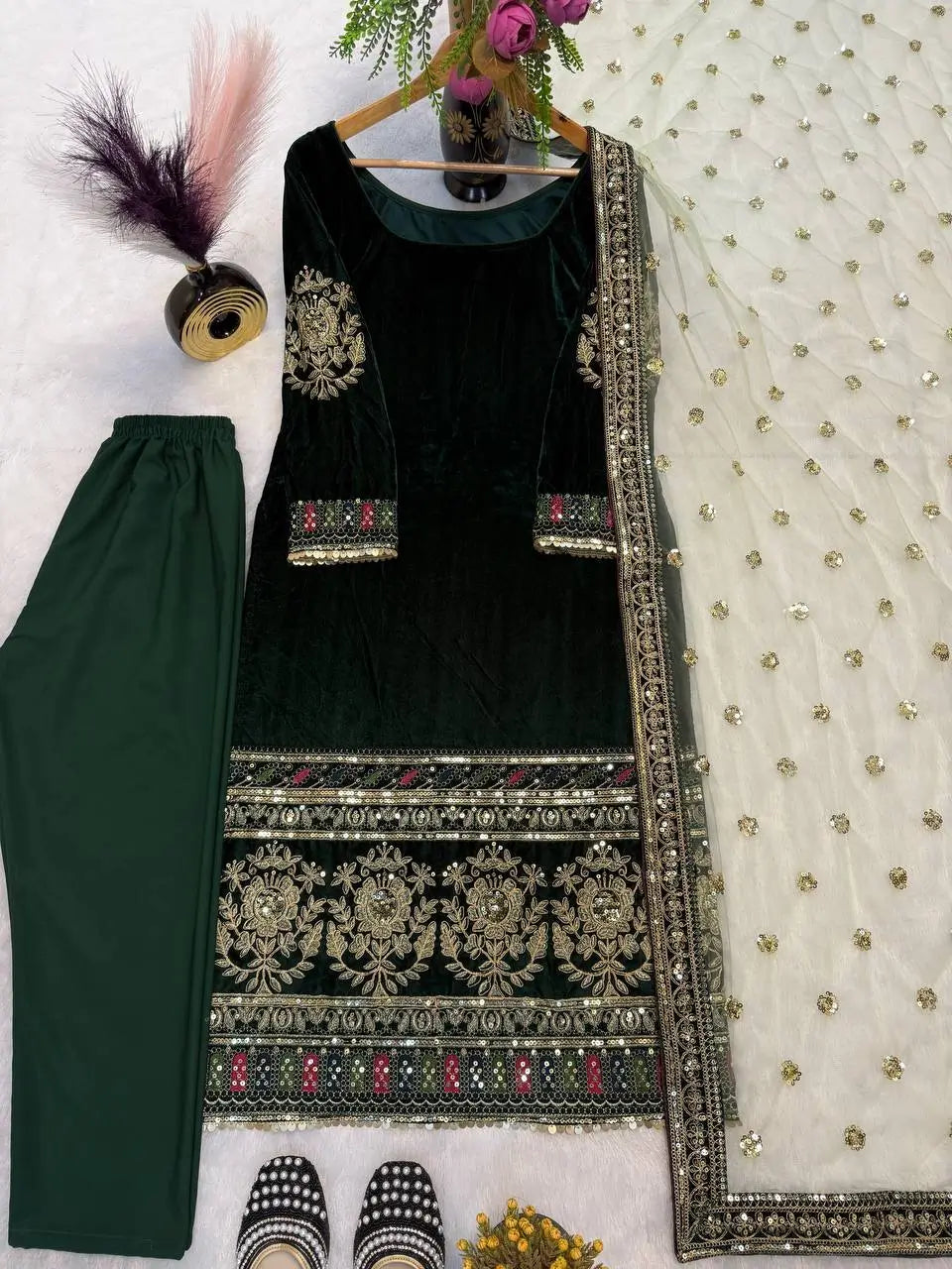 Velvet Embroidered Suit Set with Net Dupatta
