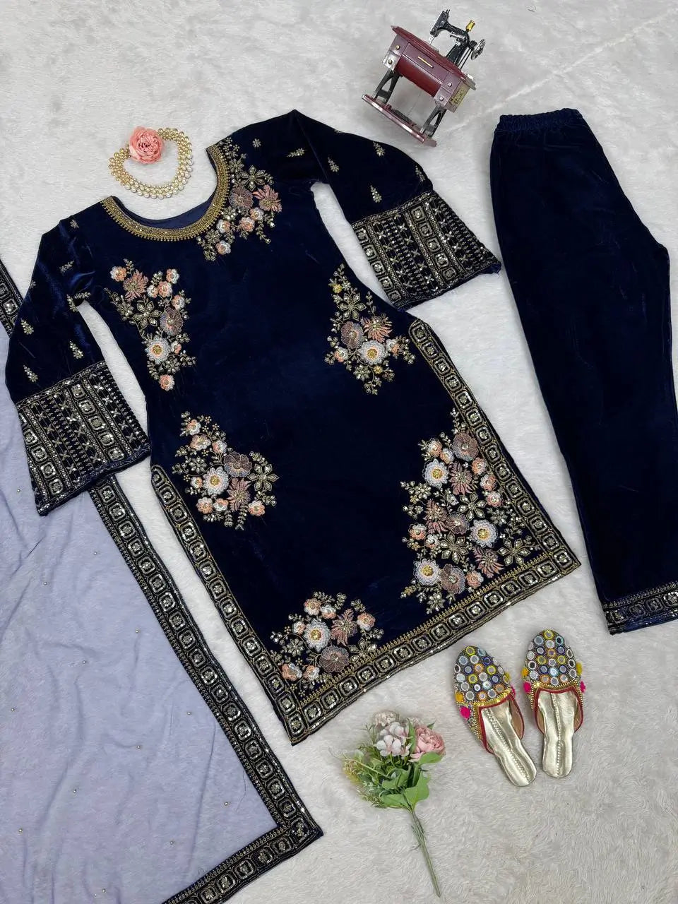 Velvet Embroidered Suit Set with Net Dupatta