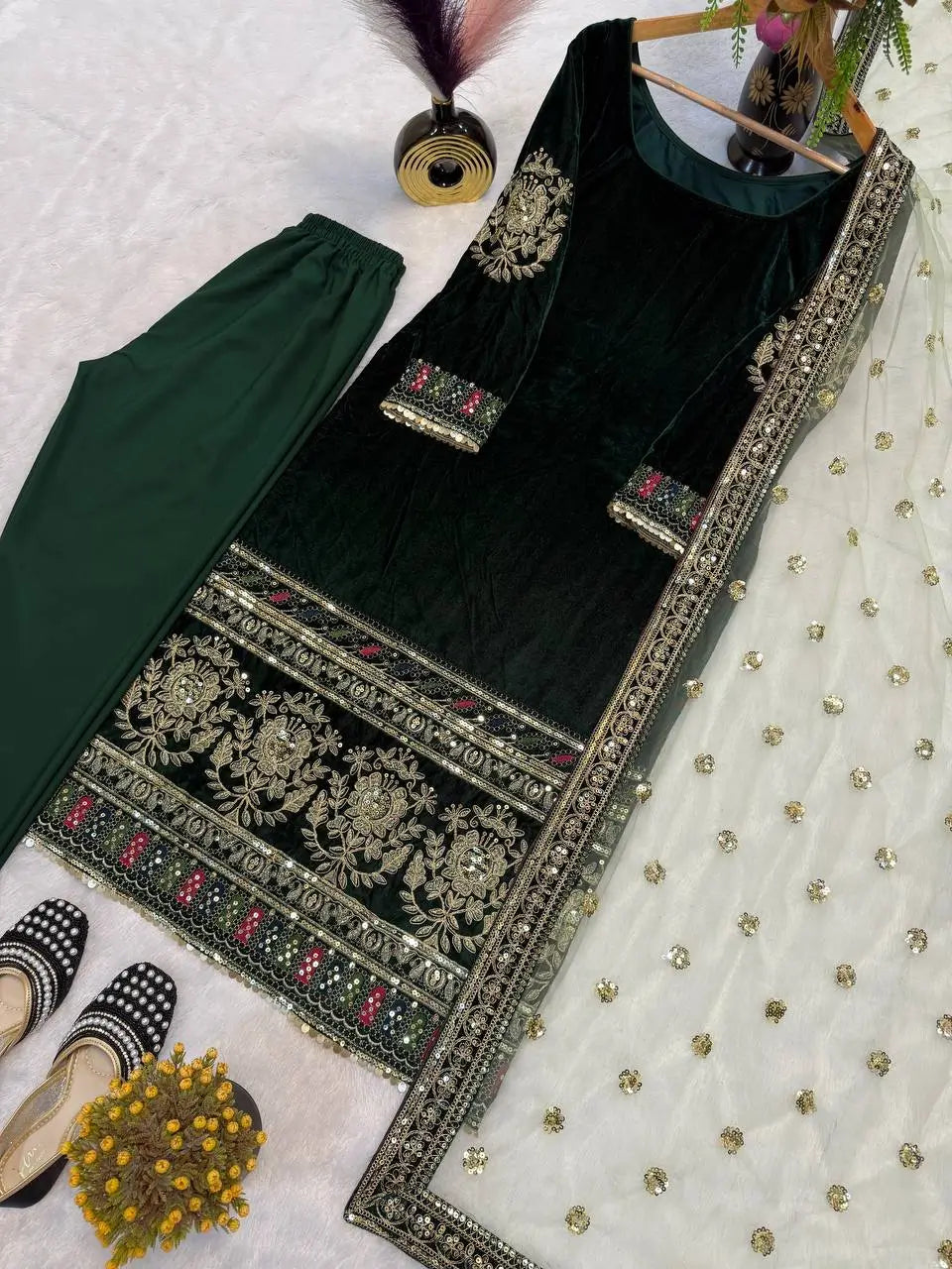 Velvet Embroidered Suit Set with Net Dupatta