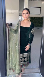 Velvet Embroidered Suit Set with Net Dupatta