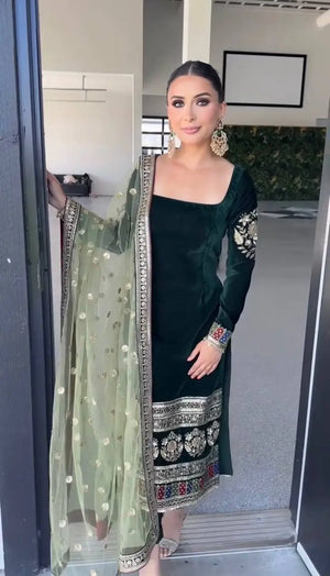 Velvet Embroidered Suit Set with Net Dupatta