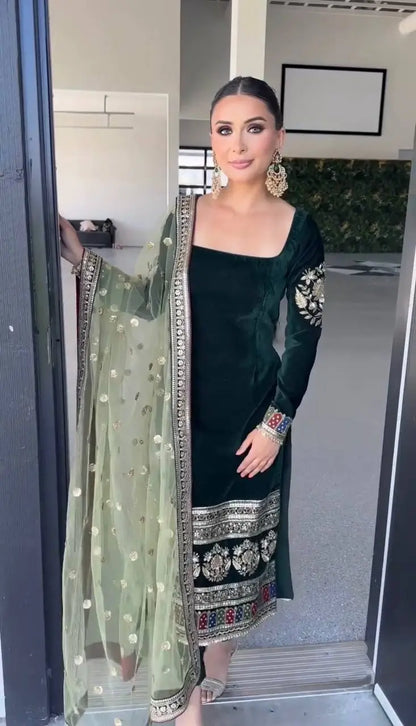 Velvet Embroidered Suit Set with Net Dupatta