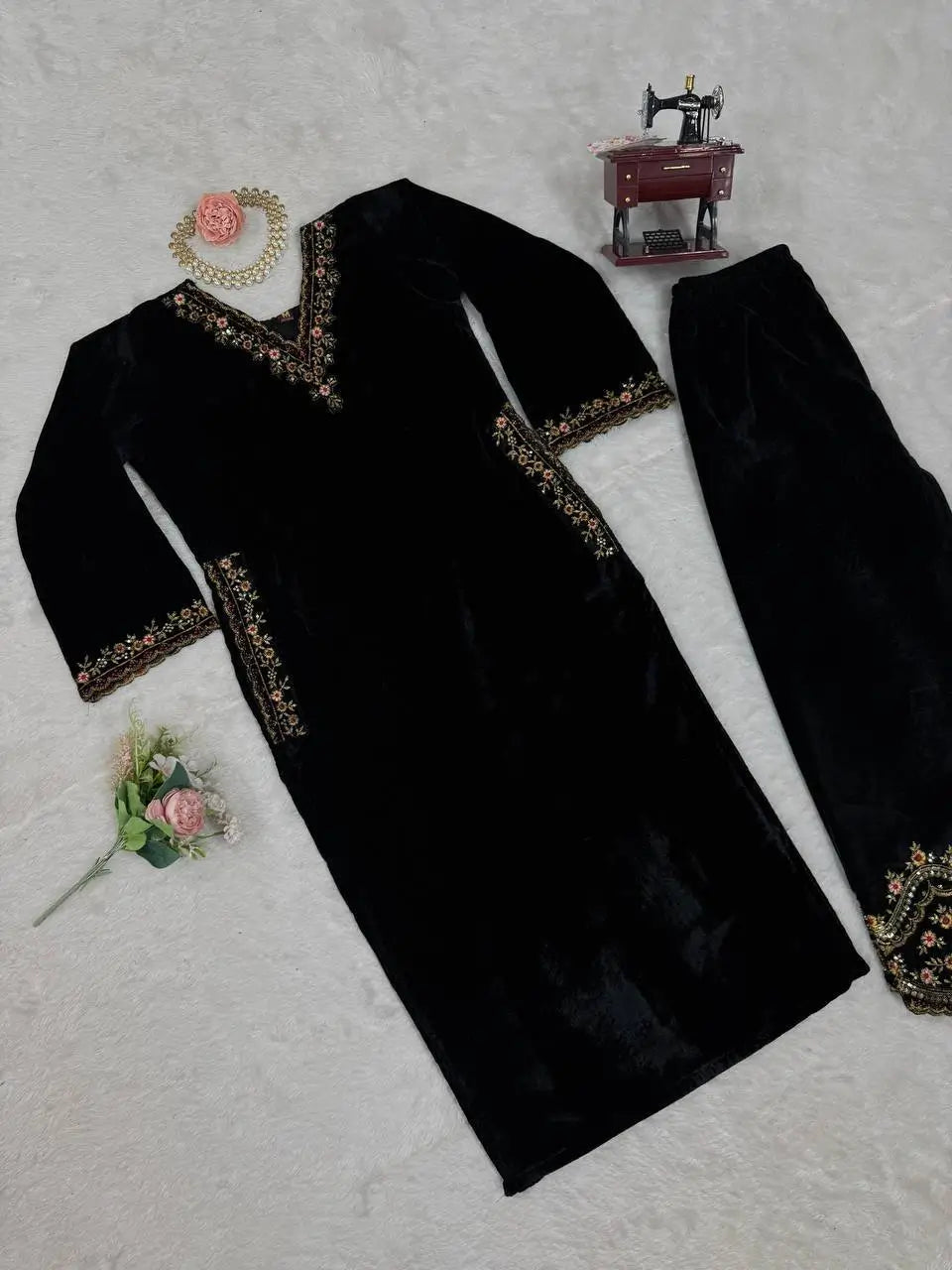Velvet Embroidered Suit Set with Side Pockets