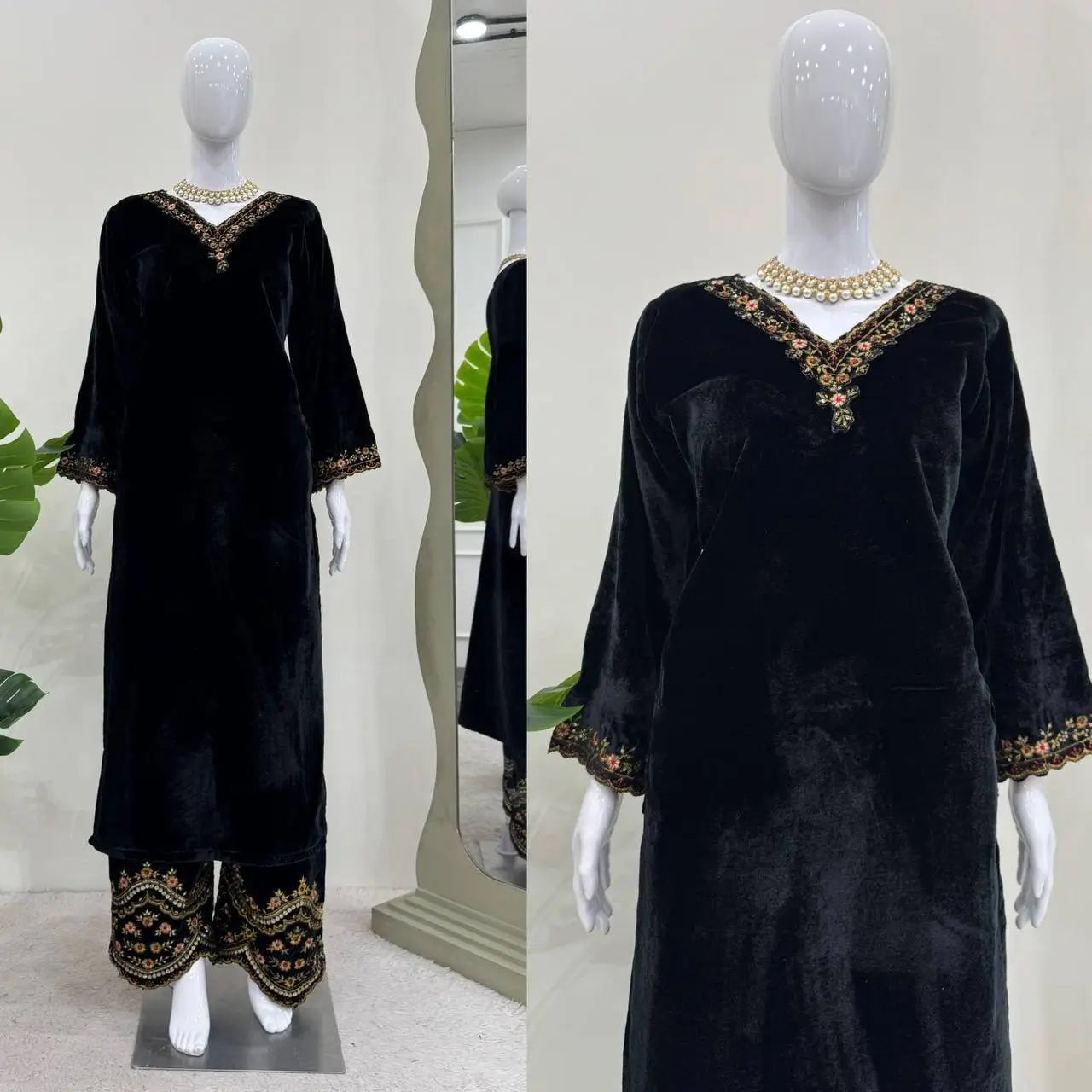 Velvet Embroidered Suit Set with Side Pockets