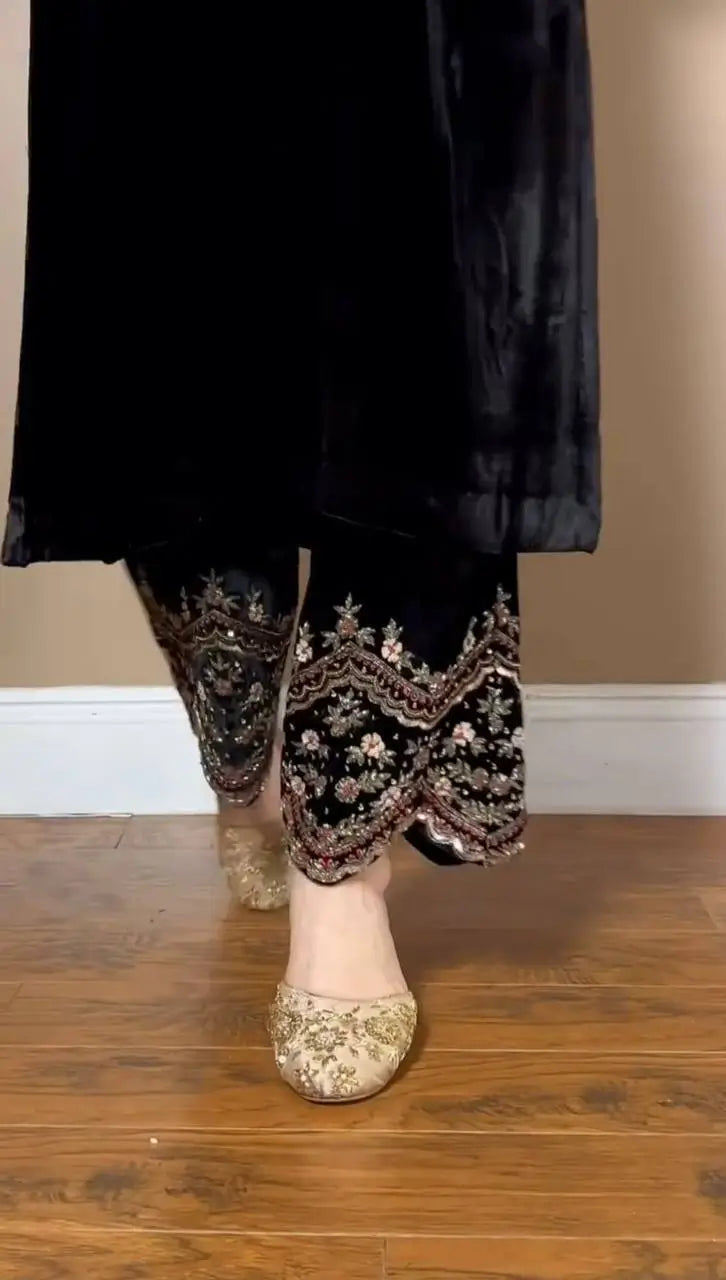 Velvet Embroidered Suit Set with Side Pockets