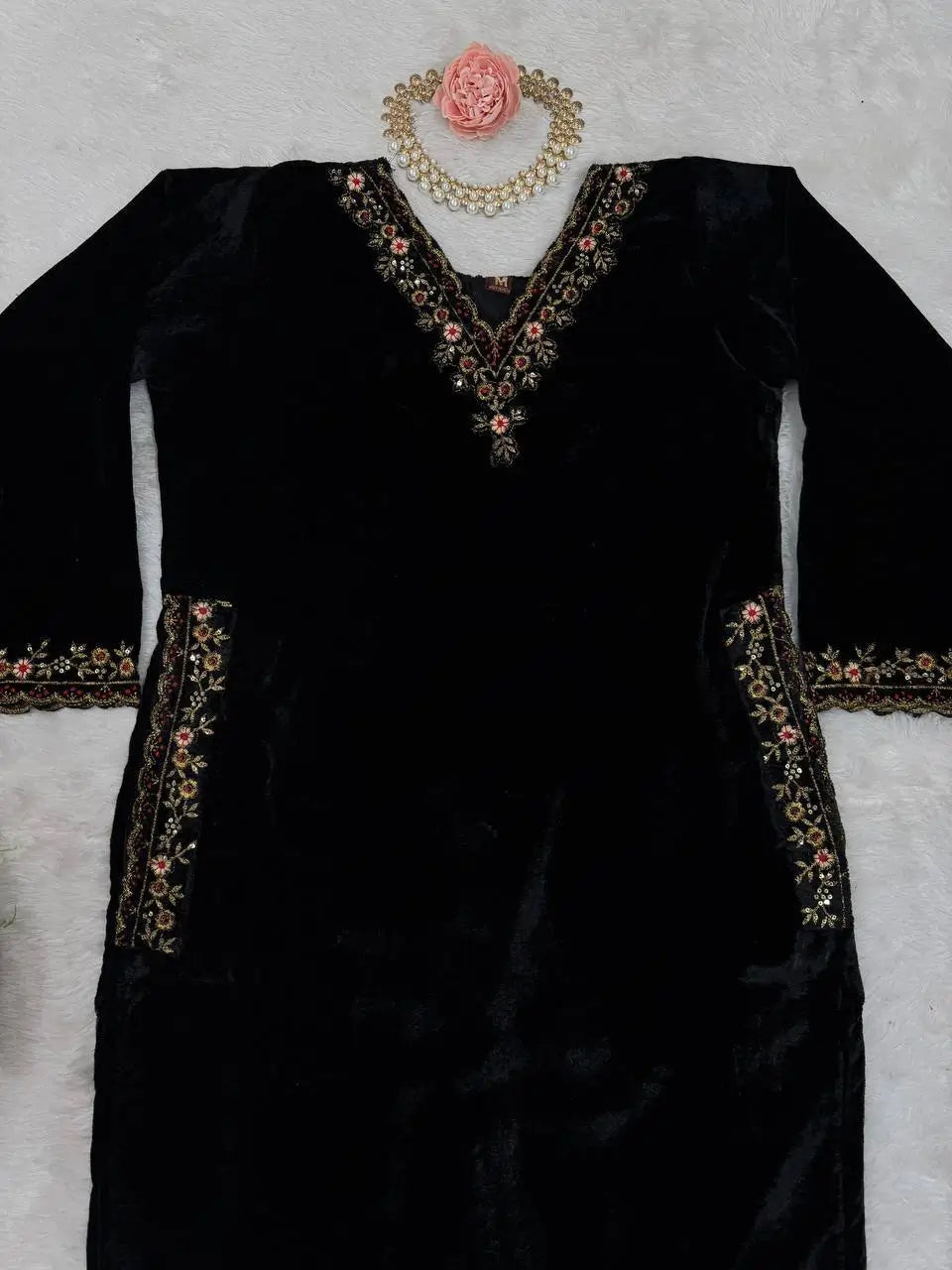 Velvet Embroidered Suit Set with Side Pockets