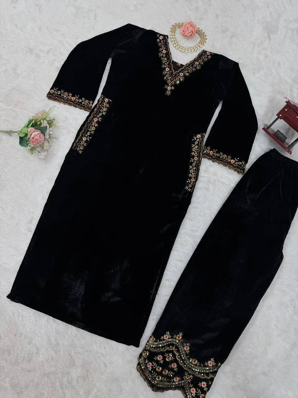 Velvet Embroidered Suit Set with Side Pockets