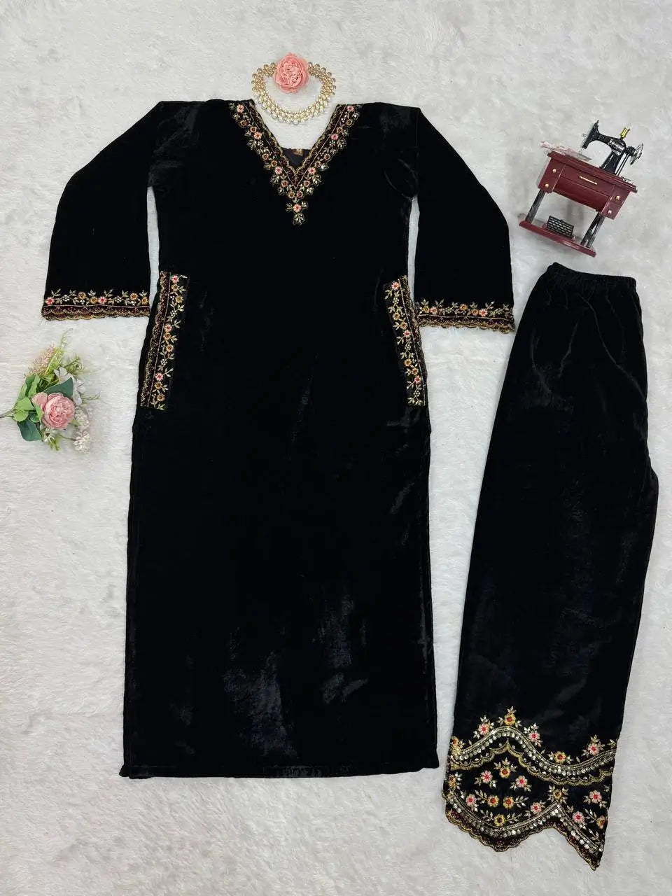 Velvet Embroidered Suit Set with Side Pockets