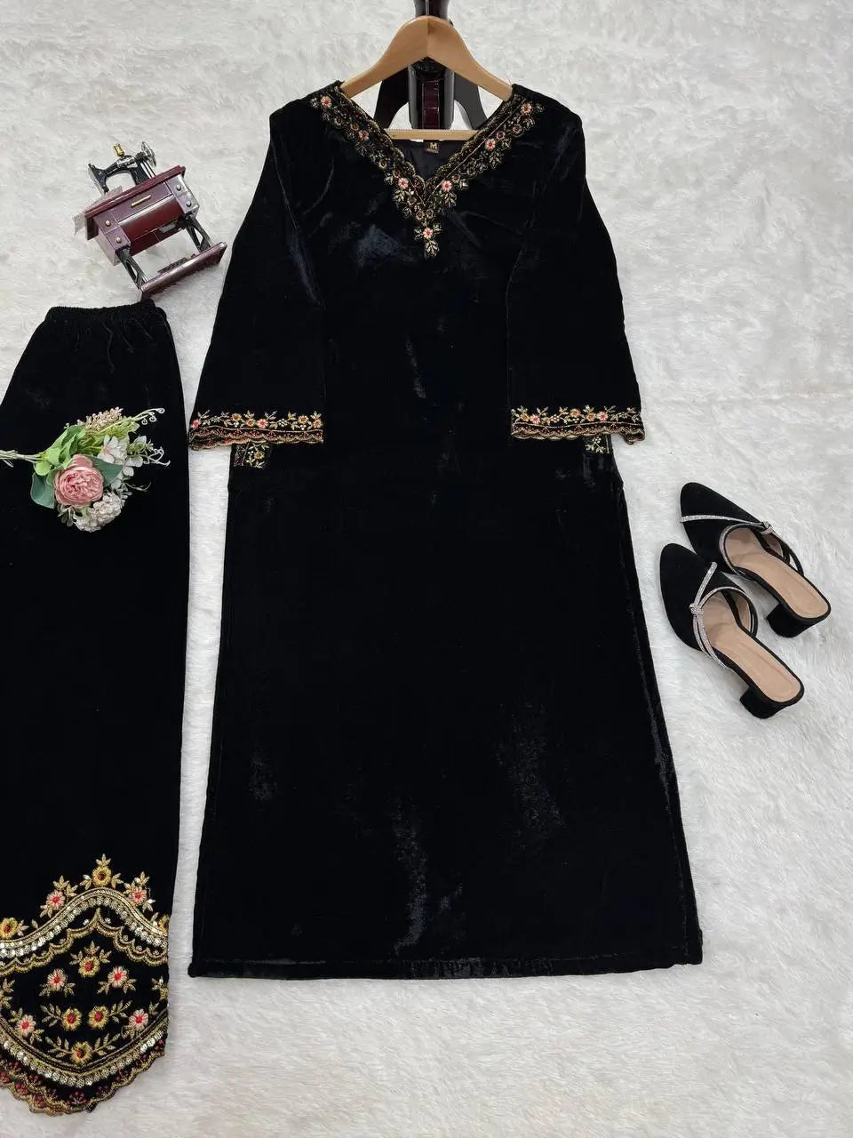 Velvet Embroidered Suit Set with Side Pockets