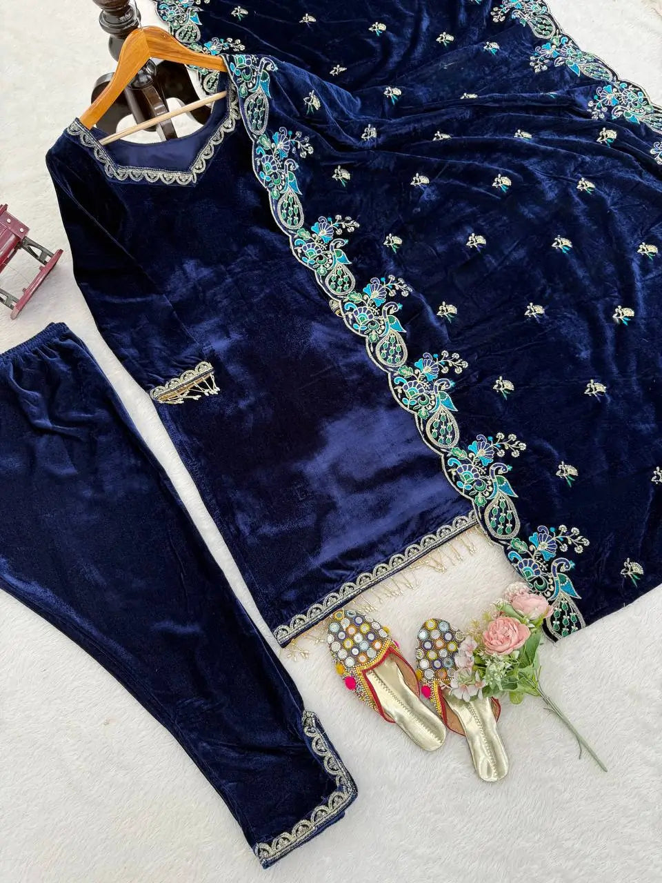 Velvet Embroidered Suit Set with Velvet Dupatta