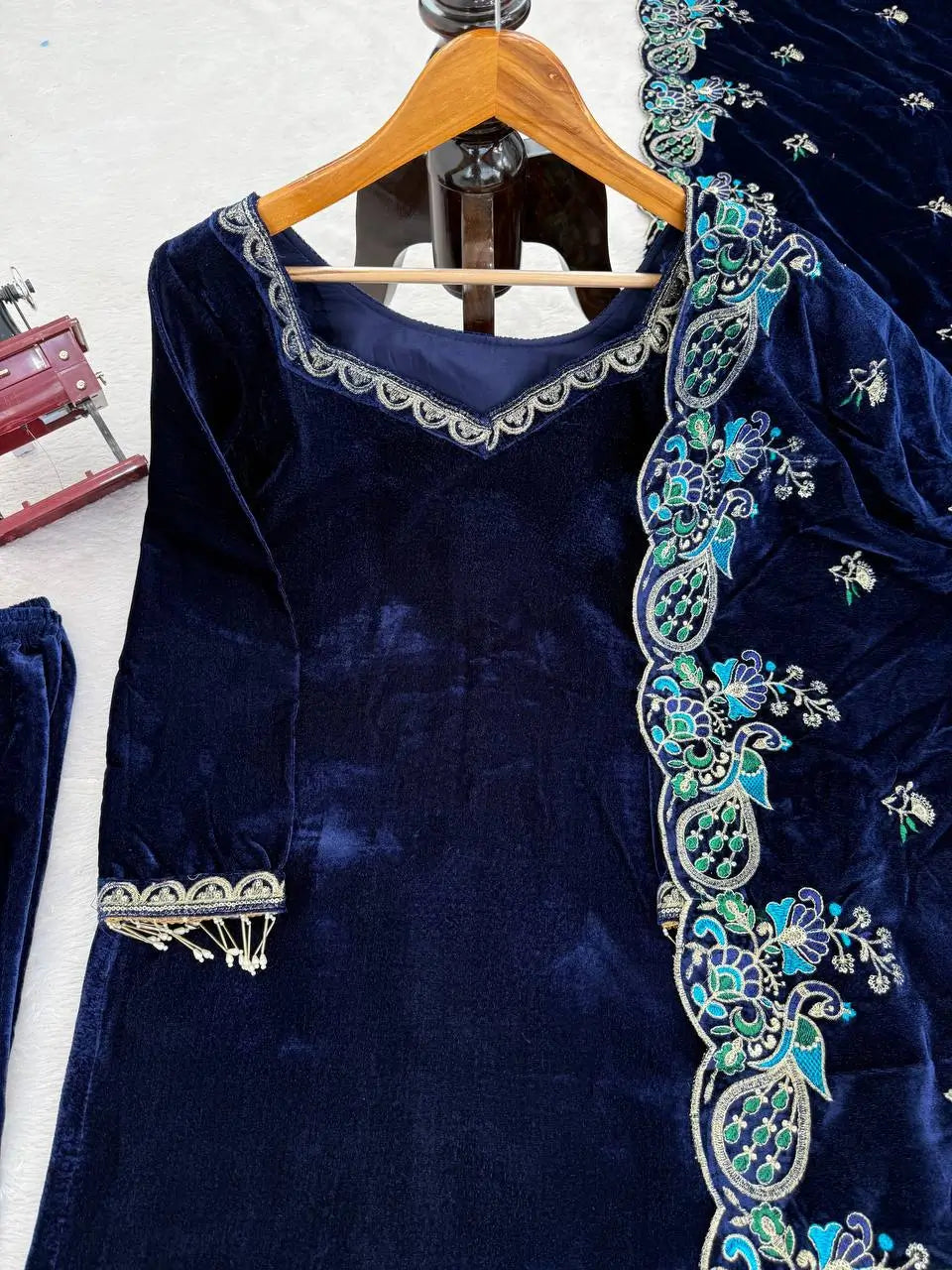 Velvet Embroidered Suit Set with Velvet Dupatta